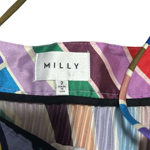 MILLY Irene Pleated Dress Asymmetrical Colorful Square Neck Side Zipper Size 2 - Picture 5 of 11